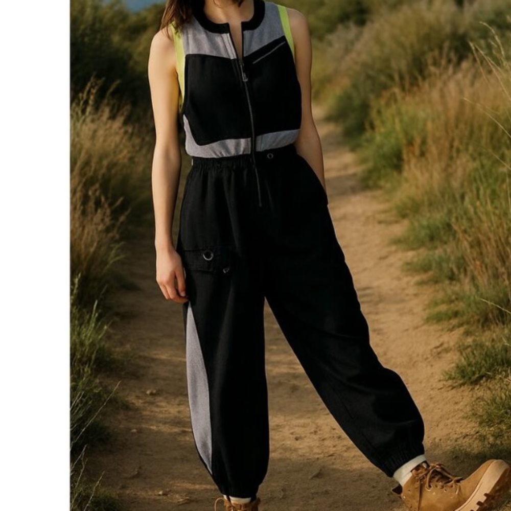 FP movement Free People inhale mesh detail Black and Gray Jumpsuit S small new